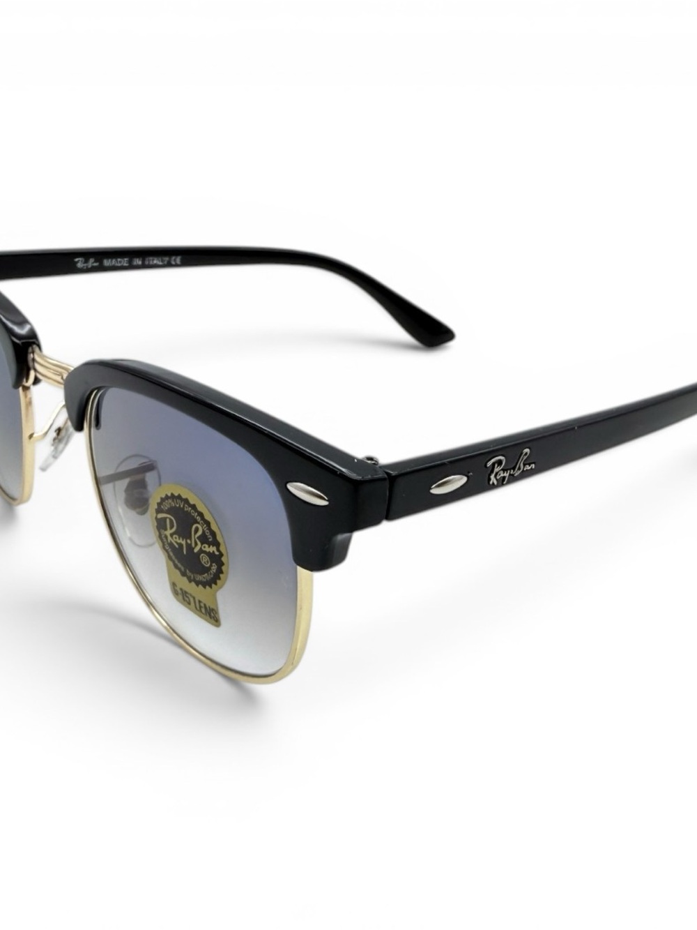 Ray-Ban Black and Gold Clubmaster Sunglasses with Blue-Gray Gradient Lenses